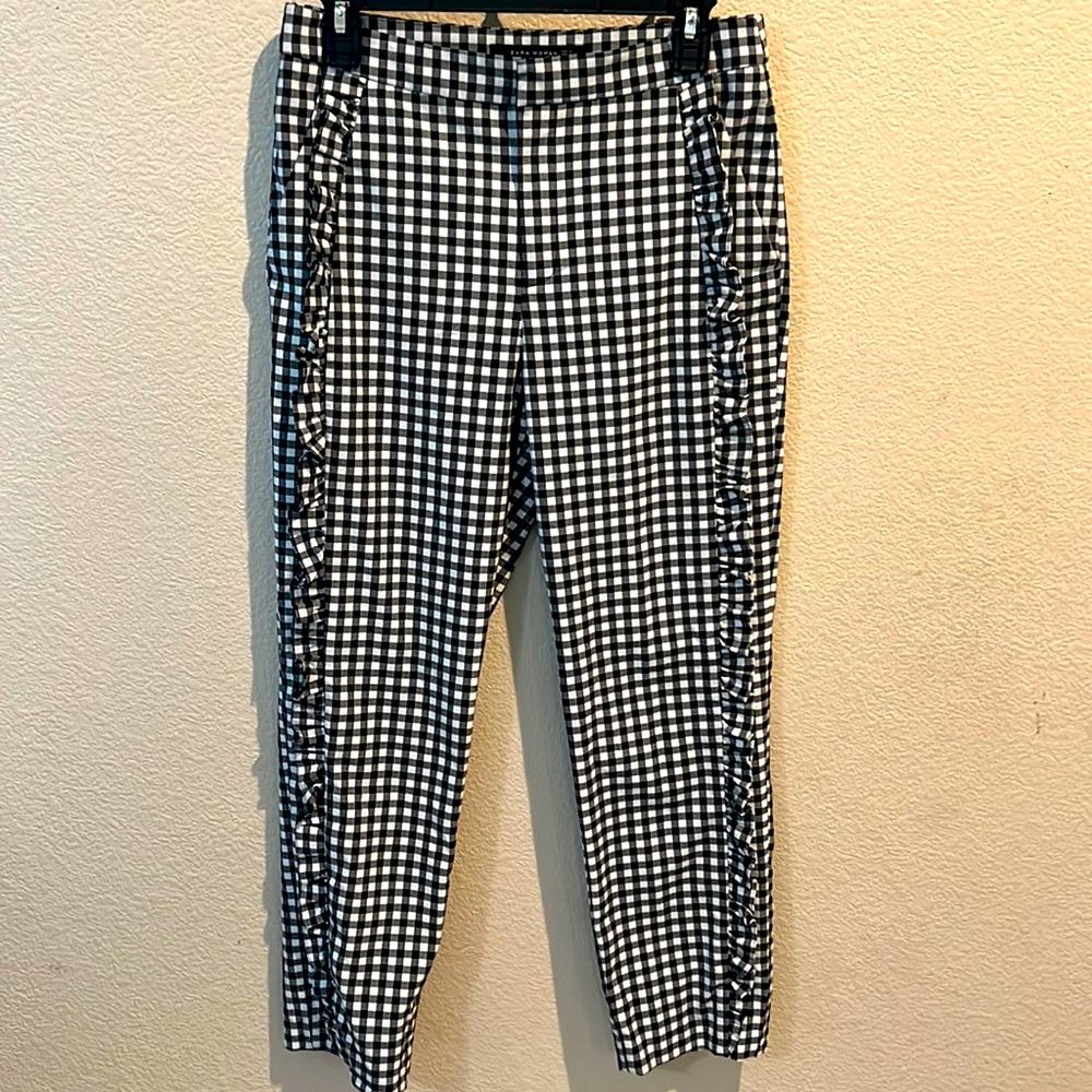 ZARA size small checkered frilled fitted high waisted pants